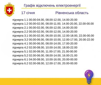 Графики отключений в Ровенской области 17 января