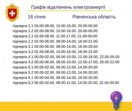 Графіки відключень у Рівненській області 16 січня