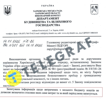 Відповідь Харківської міської ради на запит "Телеграфа"