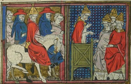 Папа Урбан  II прибуває до Франції для проповіді Хрестового походу. Ілюстрація з «Роману про Годфріда Бульйонського». Невідомий художник XIV століття