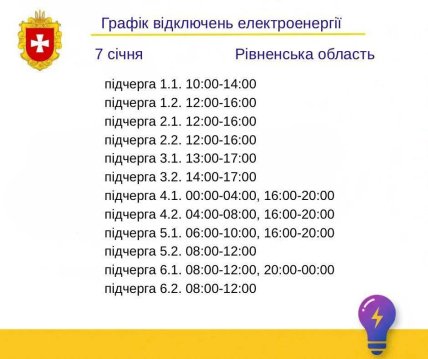 Графіки відключень у Рівненській області 7 січня