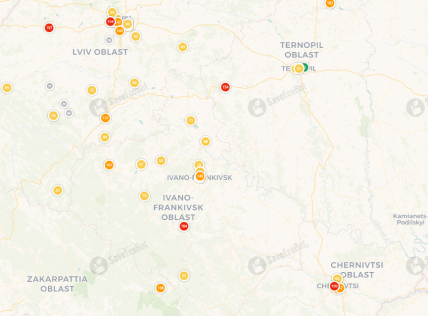 Карта загрязнения воздуха на западе Украины