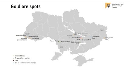 Мапа розташування розвіданих золотих родовищ в Україні