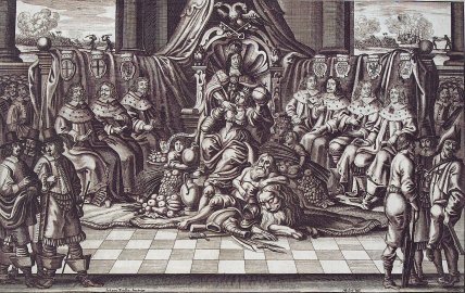 Фердинанд III Габсбург і сім курфюрстів, які звичайно обирали імператора. Вони ж отримували подарунки - донативні монети. Гравюра Абрахама Аубрі, 1663-1664 роки