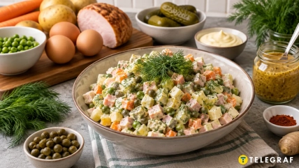 Оливье в миске с укропом, рядом овощи, яйца, ветчина, огурцы, каперсы, майонез и горчица