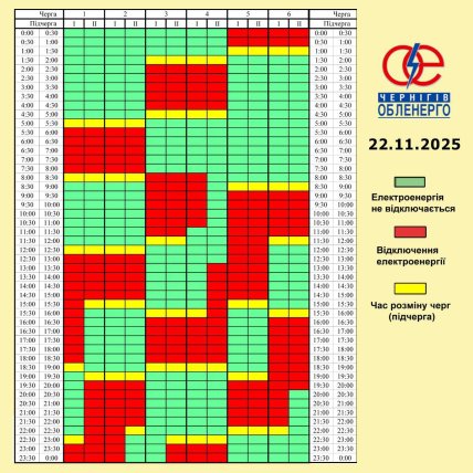 График отключения света в Чернигове и области 22.11.2025