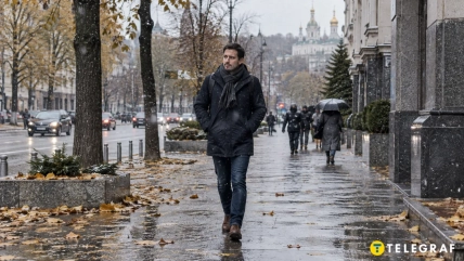Мужчина идет по мокрому тротуару мимо деревьев с осенней листвой, на заднем плане прохожие с зонтом и автомобили