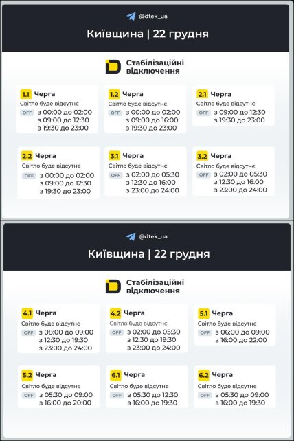 График отключения света в Киевской области 22.12.2025