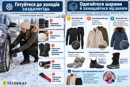 Инфографика о подготовке к зиме и многослойной одежде; женщина меняет колесо автомобиля на заснеженной дороге