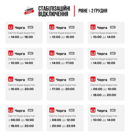Графики отключений в Ровенской области 2 декабря