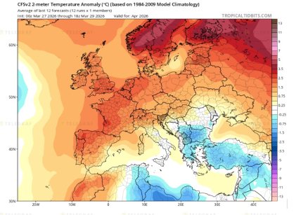 Прогноз середньої температурної аномалії на території Європи у квітні 2026 р. за даними чисельної моделі CFS