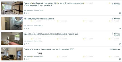 Цены аренды квартиры в центре Львова — скриншот сайта объявлений