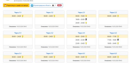 Графік відключення світла у Кіровоградській області 16.03.2026