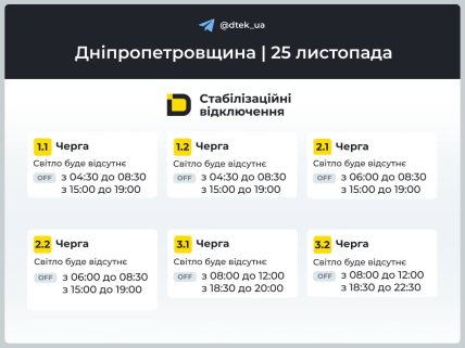 Графики отключений в Днепропетровской области 25 ноября