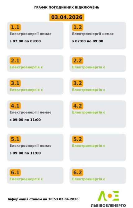 Графік відключення світла у Львівській області 03.04.2026