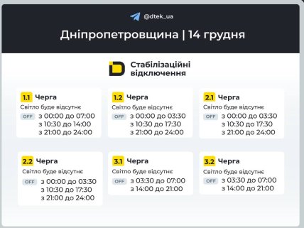 Графики отключений в Днепропетровской области 14 декабря