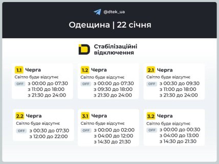 Графики отключений в Одесской области 22 января