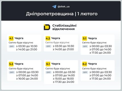 Графіки відключень у Дніпропетровській області 1 лютого