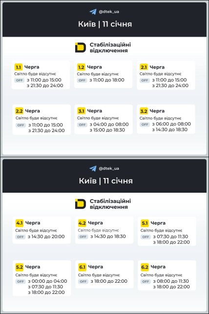 График отключения света в Киеве 11.01.2026