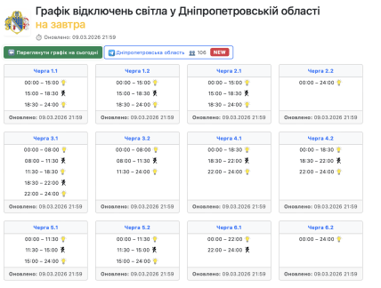 Графіки відключень у Дніпропетровській області 10 березня