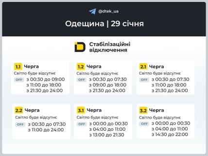 Графики отключений в Одесской области 29 января