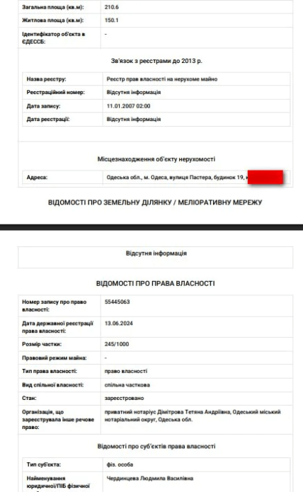 Скріншот документа про 8-кімнатну квартиру Чердинцевих в Одесі
