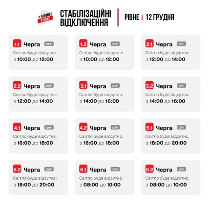 Графики отключений в Ровенской области 12 декабря