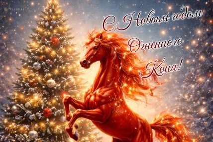 открытка с новым годом 2026 лошадь на картинке