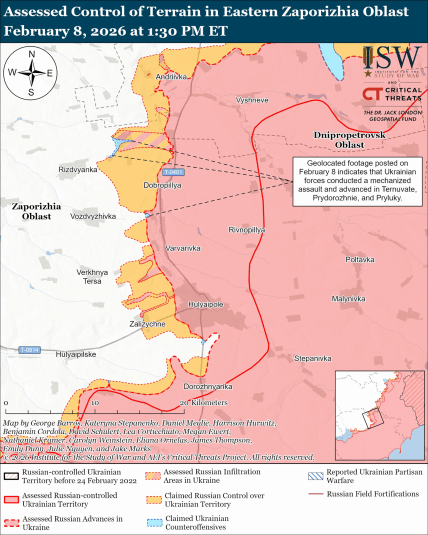 Ситуація на Гуляйпільському напрямку за 8 лютого, карта ISW