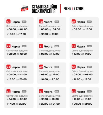 Графики отключений в Ровенской области 9 января