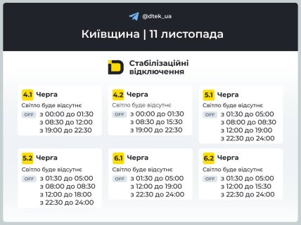 Графіки відключень у Київській області на 11 листопада
