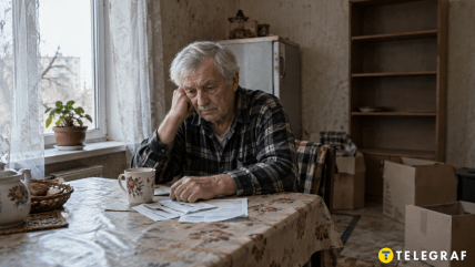 Седой человек сидит за столом с бумагами и чашкой.