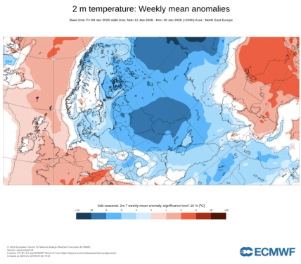 Карта температур до 19 січня