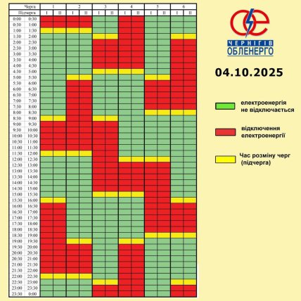 Графіки відключення світла на Чернігівщині 4 жовтня 2025 року