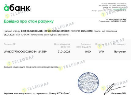 Справка о состоянии счета ФОП Ободовский Юрий Владимирович. Скриншот