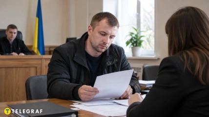 Мужчина читает документ за столом напротив женщины, за ними сидит судья рядом с флагом Украины