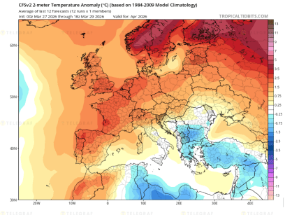 Прогноз середньої температурної аномалії на території Європи у квітні 2026 року за даними чисельної моделі CFS