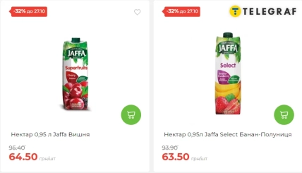 Упаковки нектаров Jaffa "Вишня" и Jaffa Select "Банан-полуница" с ценами 64,50 и 63,50 грн и отметками −32%