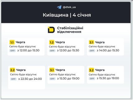 Графіки відключень у Київській області 4 січня