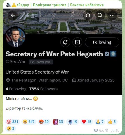 Министр войны Пит Хегсет