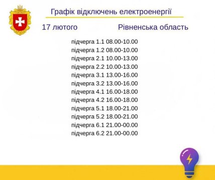 Графіки відключень у Рівненській області 17 лютого