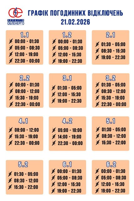 Графік відключення світла у Чернігові та області 21.02.2026