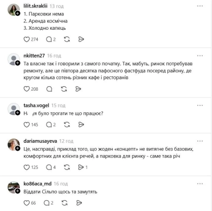 Комментарии пользователей о высокой аренде, холоде, отсутствии парковки и новом формате Бессарабского рынка