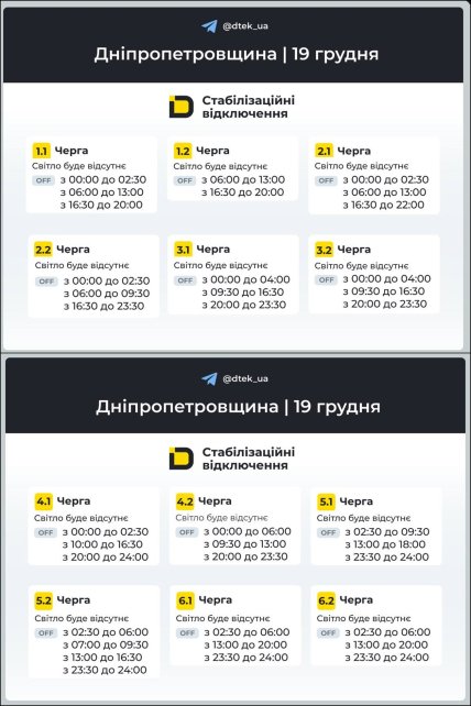 Графік відключення світла у Дніпропетровській області 19.12.2025