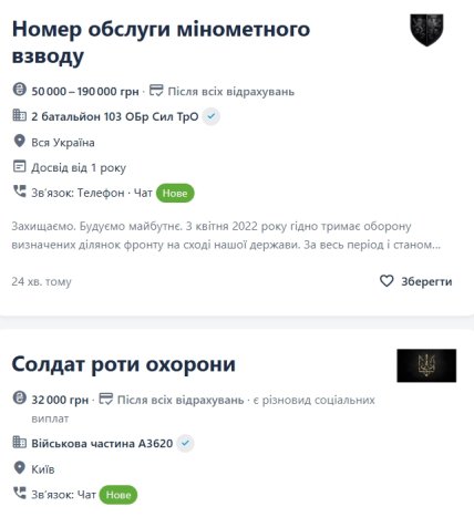 Вакансії для військових на одному з українських сервісів з пошуку роботи