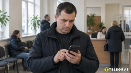 Мужчина в темной куртке смотрит на смартфон в помещении, где люди стоят у стойки