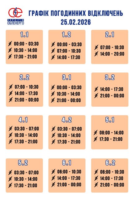 Графіки відключень у Чернігівській області 25 лютого