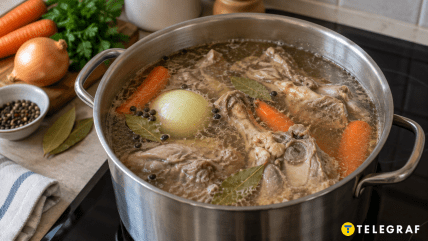 В кастрюле варятся мясо на костях, морковь, лук, лавровый лист и перец горошком