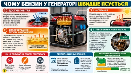 Инфографика с бензиновым генератором и схемами доступа воздуха, испарения топлива, нагревания и образования смол