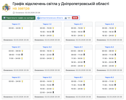 Графики отключений в Днепропетровской области 3 марта